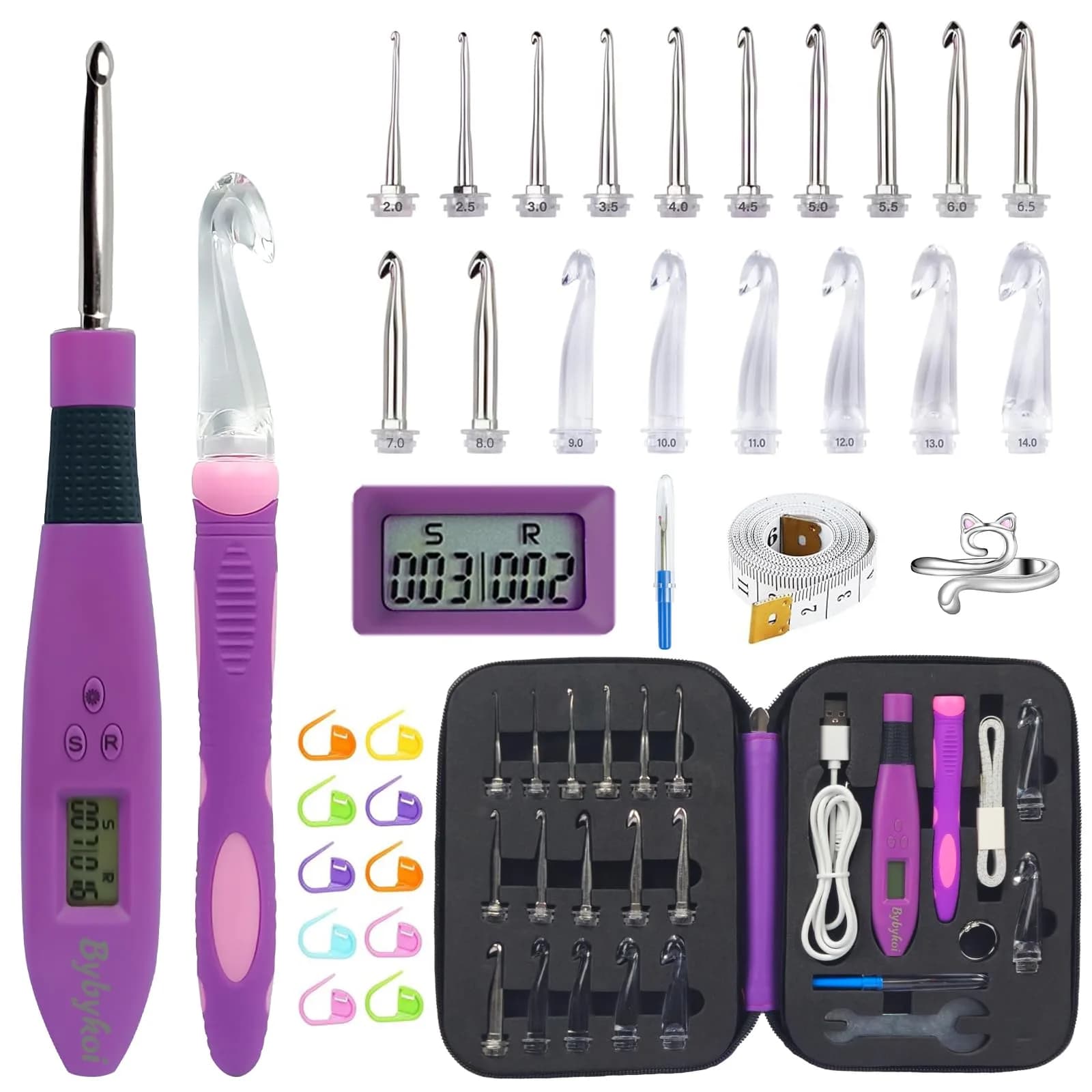 Bybykoi Light Up Crochet Hooks Set with Digital Counter & 24 Interchangeable Hooks | 2.0-14.0 mm (Metric Conversion) — Purple - Double 18 Size