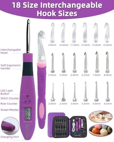 Bybykoi Light Up Crochet Hooks Set - 18 Sizes (2.0-14.0mm) with Digital Counter & Ergonomic Grip | USB Rechargeable thumbnail 4