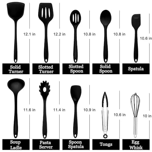 E-far 10-Piece Black Silicone Cooking Utensils Set | Heat Resistant to 450°F, Non-Stick Safe, Dishwasher Safe thumbnail 2