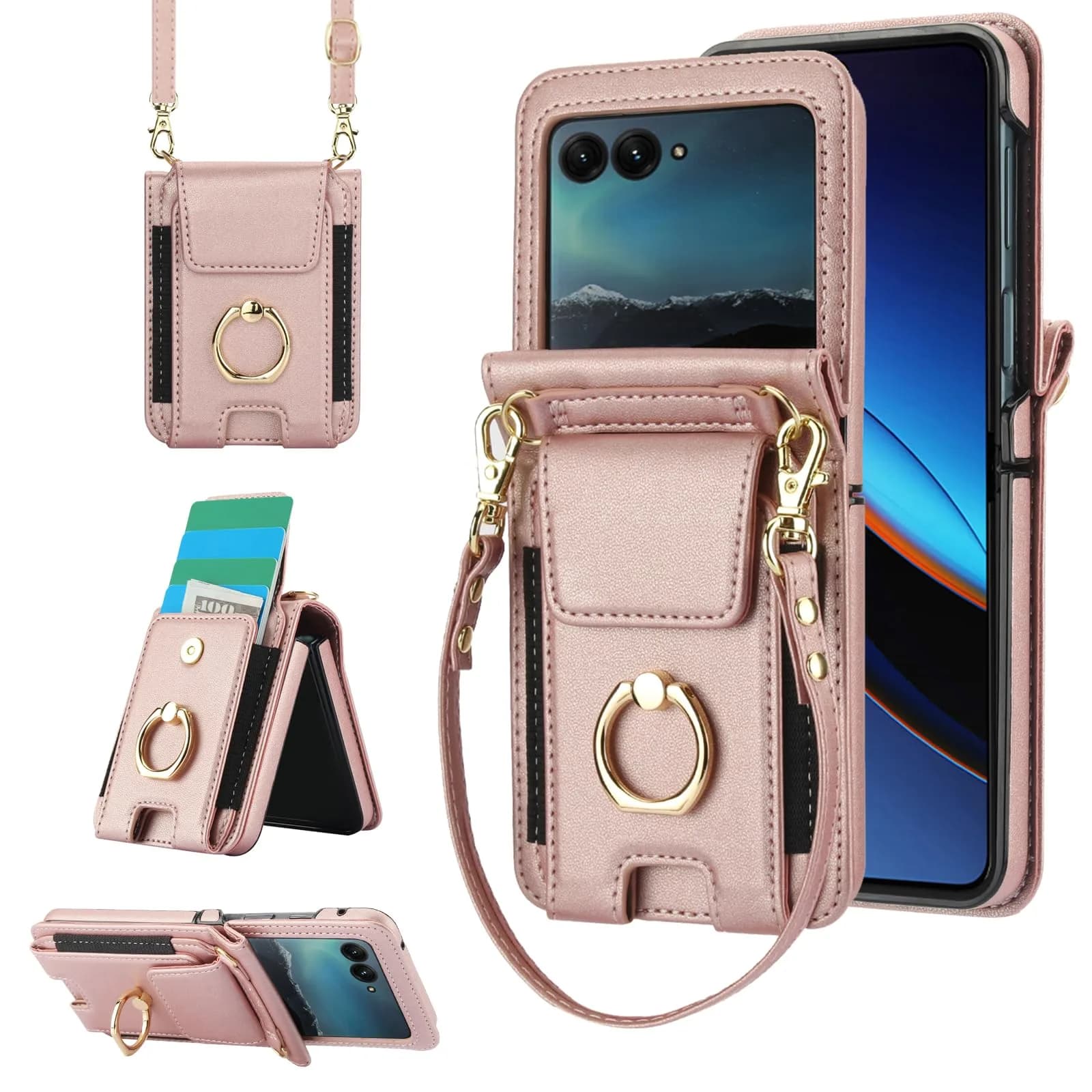 Asuwish Phone Case for Motorola Razr 50 Ultra/Razr+ 2024 | Wallet Cover with Ring & Strap — Pink
