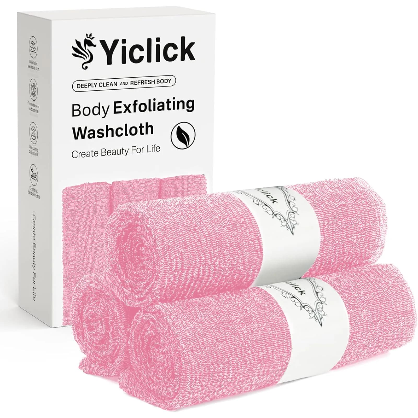 Yiclick Exfoliating Washcloth Towel 3-Pack | Japanese Back Scrubber for Body Exfoliation — Pink