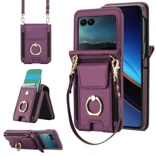 Asuwish Cellular Phone Case for Motorola Razr 50 Ultra/Razr+ 2024/Dark Purple | Wallet Cover with Ring & Strap thumbnail 1