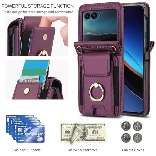 Asuwish Cellular Phone Case for Motorola Razr 50 Ultra/Razr+ 2024/Dark Purple | Wallet Cover with Ring & Strap thumbnail 2