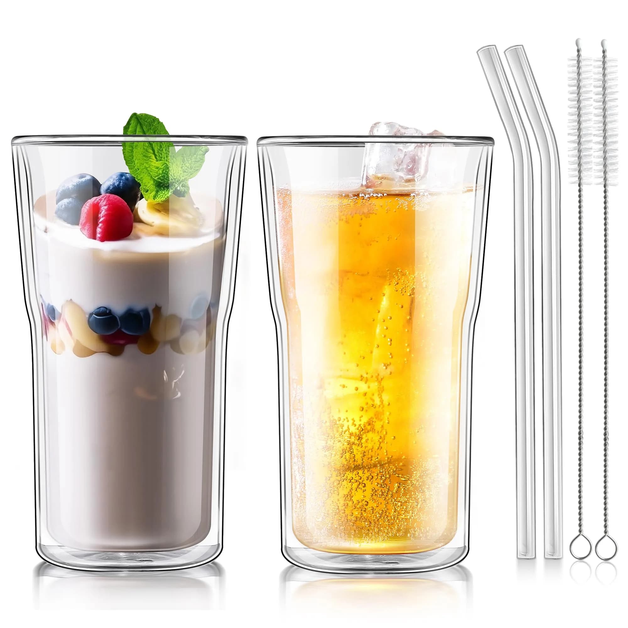 Joeyan Double Walled Beer Drinking Glasses 360ml | Insulated Thermo Glass Tumbler for Hot & Cold Drinks — 450ml-Clear with handle