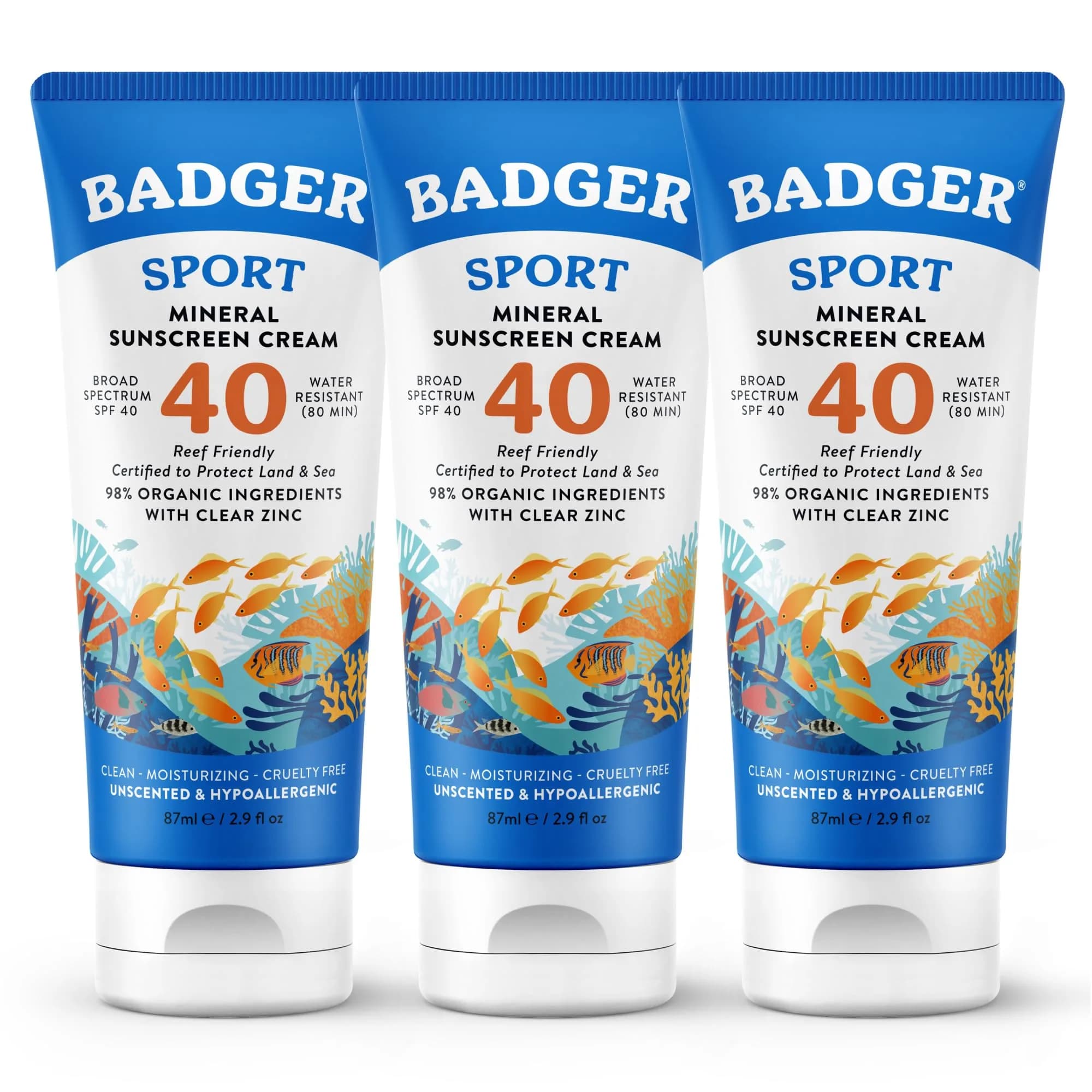 Badger Sport Mineral Sunscreen SPF 40 8.7 fl oz (2.9 fl oz x 3) | Reef Safe, 98% Organic, Water Resistant 80 Min