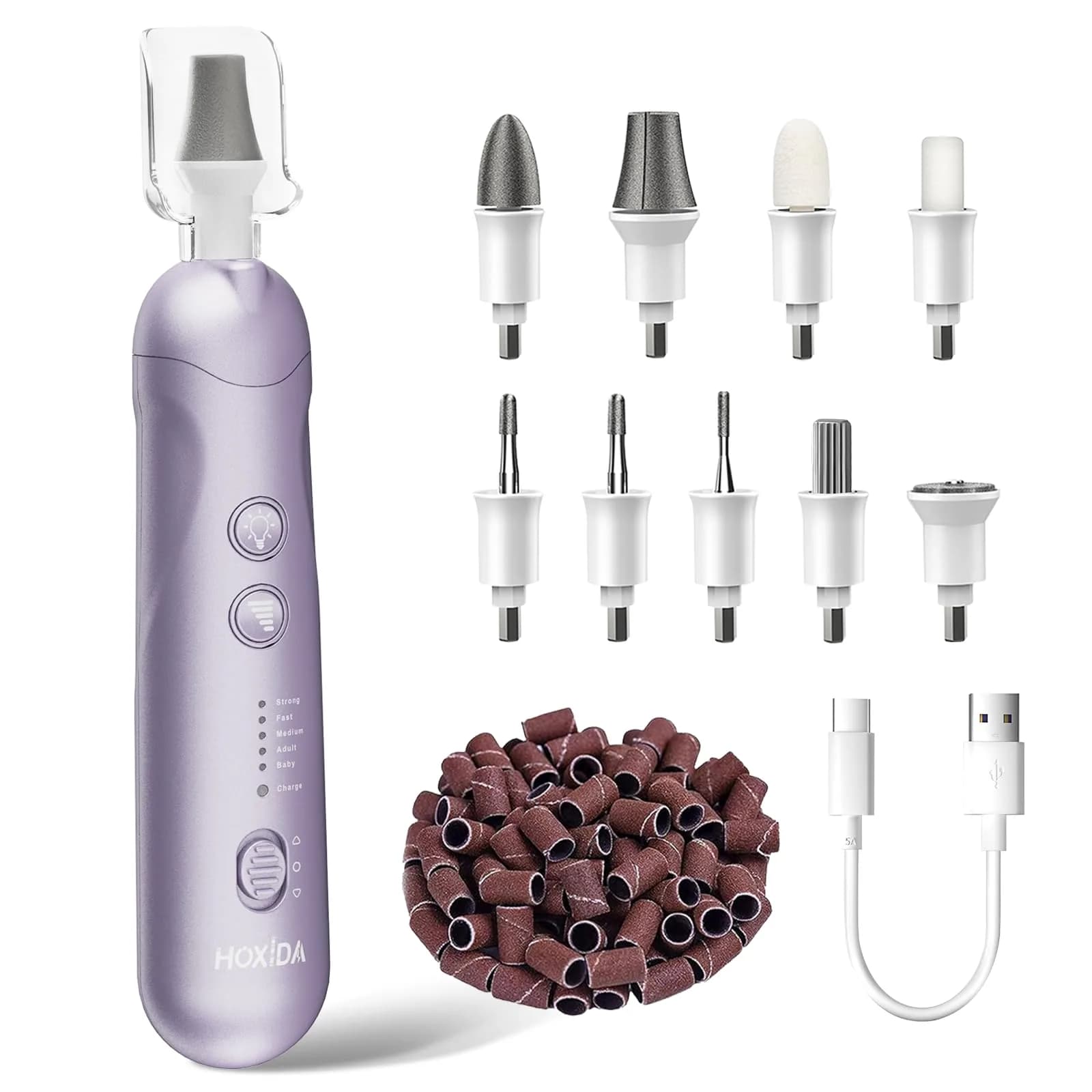 Hoxida Cordless Electric Nail File Set with 360° LED Light, Rechargeable Manicure Pedicure Kit for Feet & Hands, 0-20,000 RPM, Oil-Purple | Professional Salon Quality — Purple