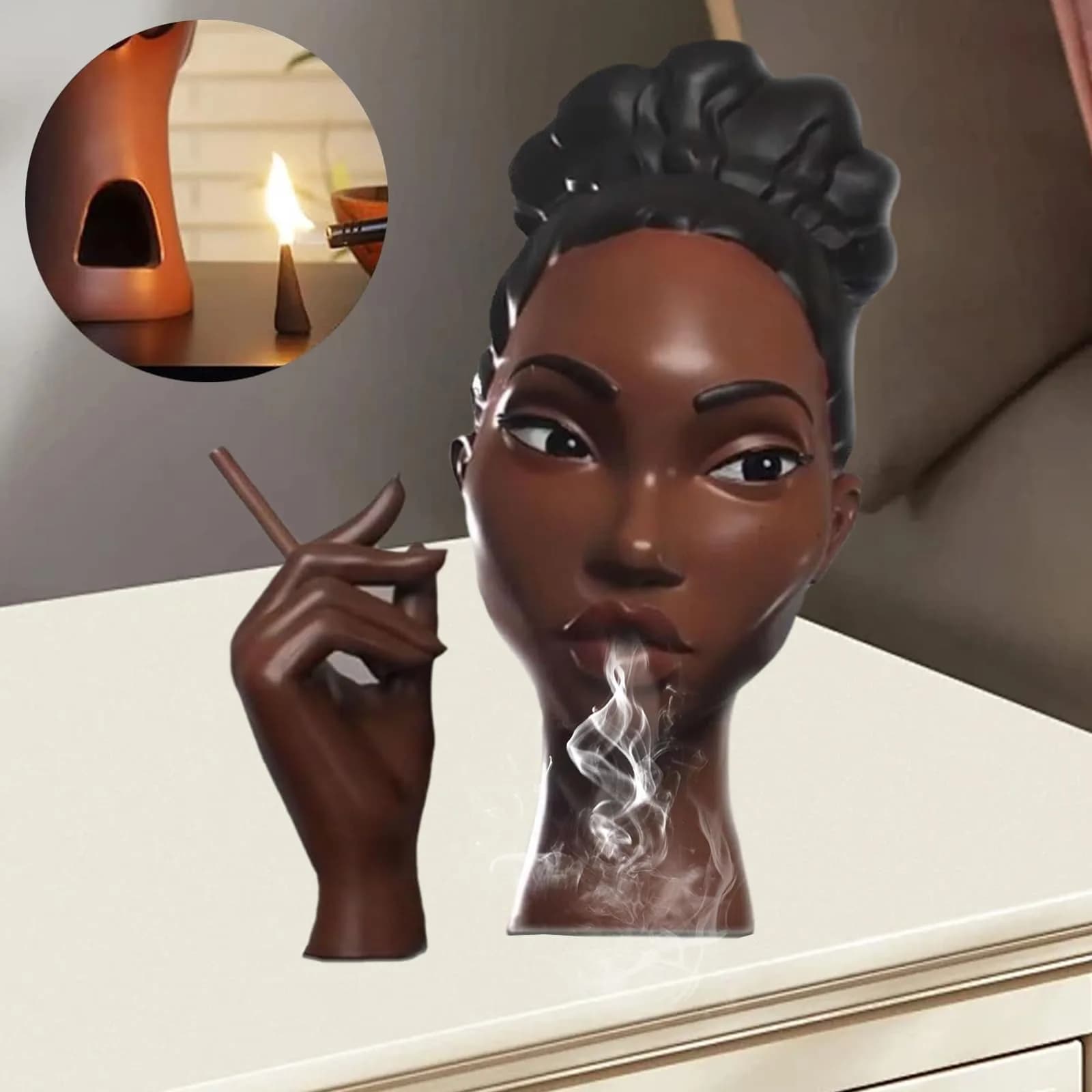 KLUSIET Head Incense Holder Black Women 24cm (9.4in) | Unique Resin Sculpture for Home Decor — B