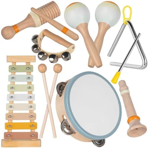 Stoie's Wooden Toddler Musical Instruments with Xylophone, Maracas, Triangle, Tamburine | Eco Friendly Montessori Toy for Kids 3-5 thumbnail 1