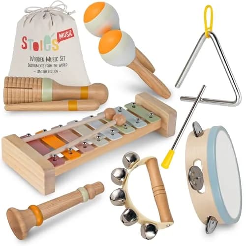 Stoie's Wooden Toddler Musical Instruments with Xylophone, Maracas, Triangle, Tamburine | Eco Friendly Montessori Toy for Kids 3-5 thumbnail 9