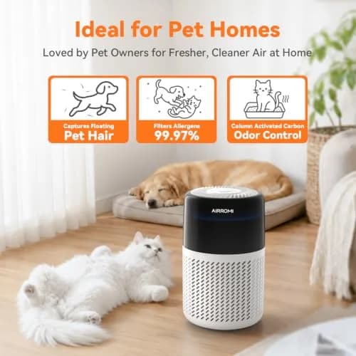 AIRROMI HEPA Air Purifier for Bedroom & Home, Pet Odor & Allergy Removal, 360° Air Cleaner, Quiet Sleep Mode, White thumbnail 2