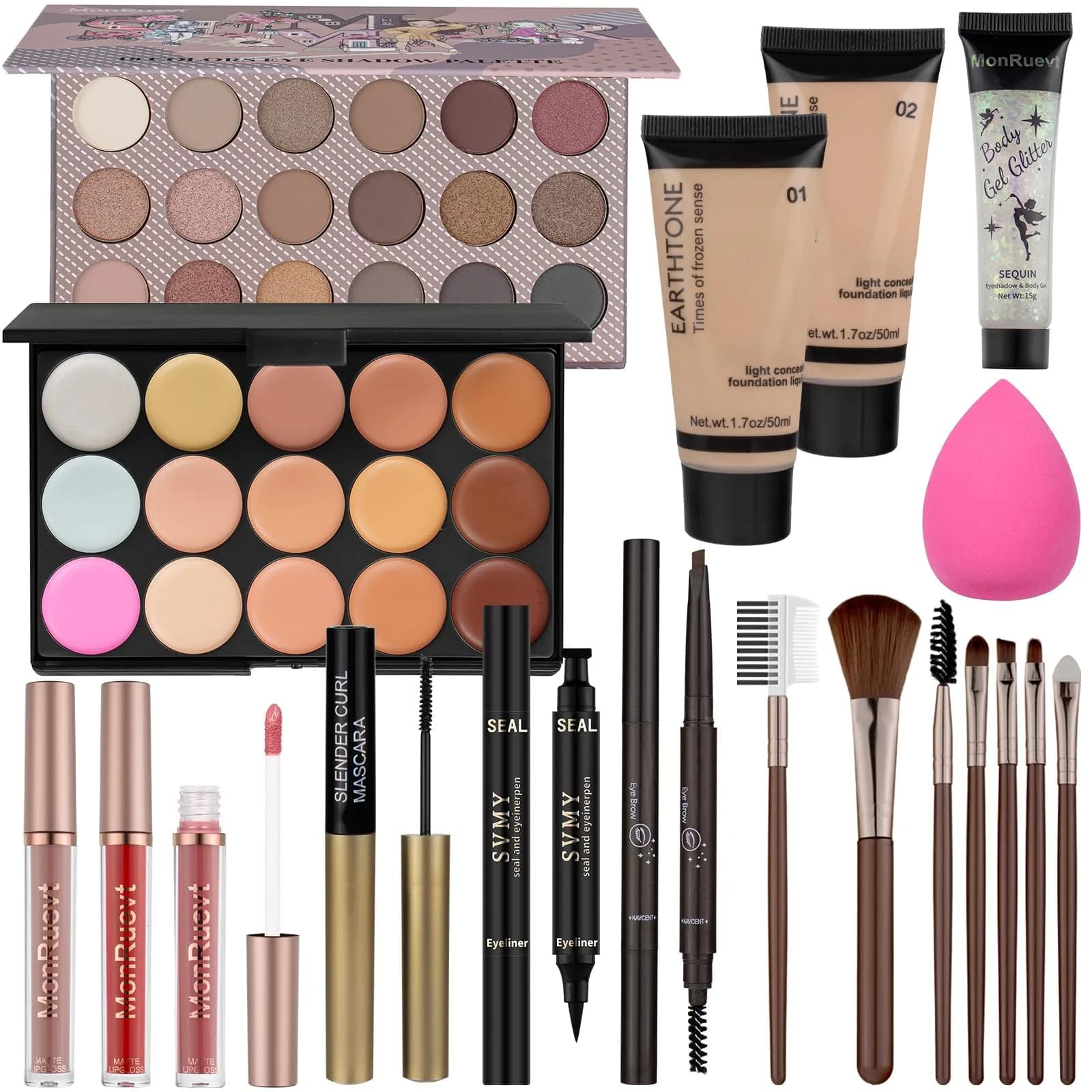 MONRUEVT All-in-One Makeup Kit for Women & Teens | 16-Piece Full Face Cosmetic Set with Brushes