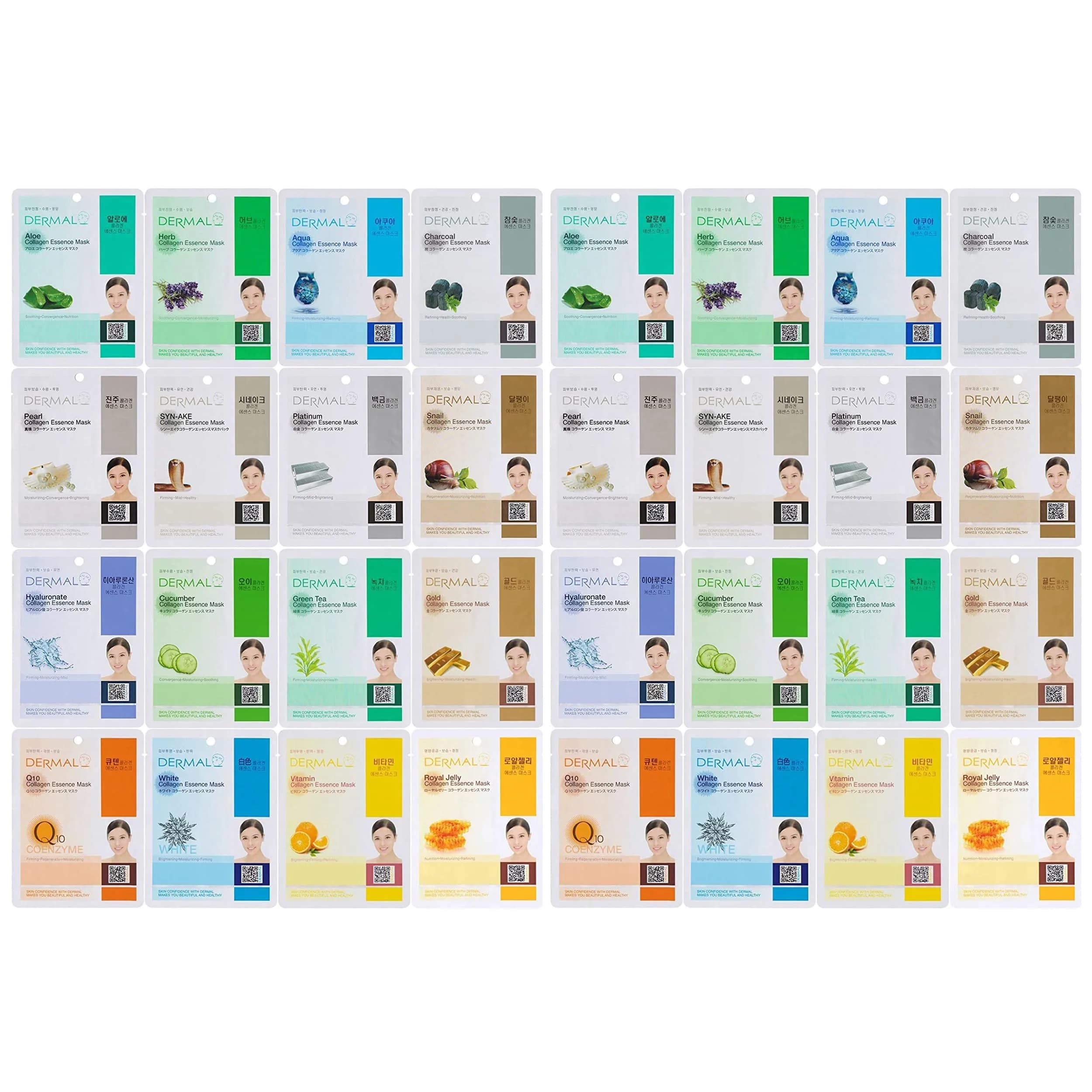 DERMAL 16 Collagen Korean Essence Sheet Mask Variety Pack, 23ml (0.78 Fl Oz) | Hydrating, Soothing, Brightening — Set 32 Colors