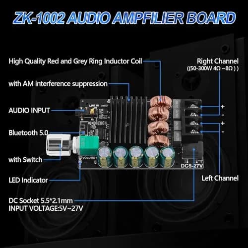 ARRAROWN ZK-1002 Bluetooth 5.0 Amplifier Board 100W x 2 (200W Total) HiFi Stereo Amp Module thumbnail 5