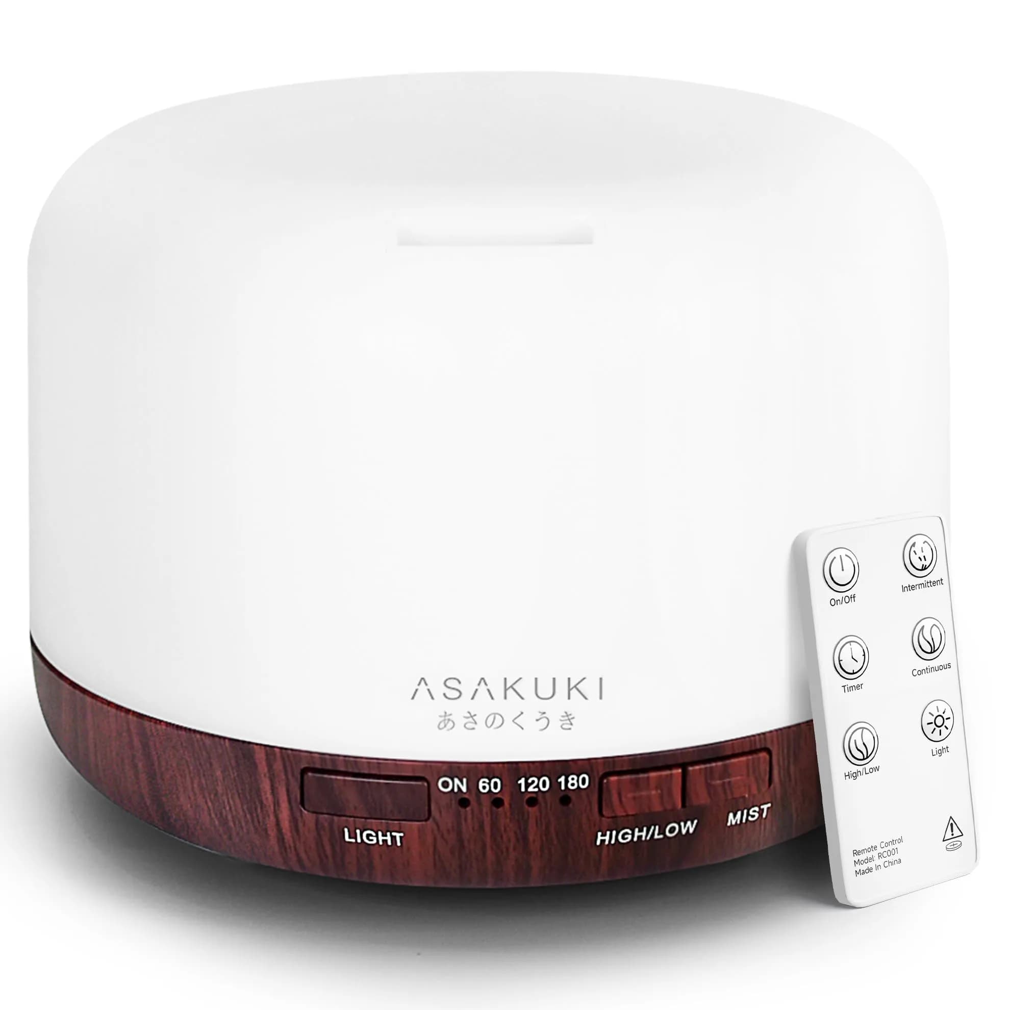 ASAKUKI Essential Oil Diffuser for Home, 500ML Aromatherapy Humidifier with Remote Control & 7 Color LED Lights | 168.9ml (5.74 Fl Oz) Coverage