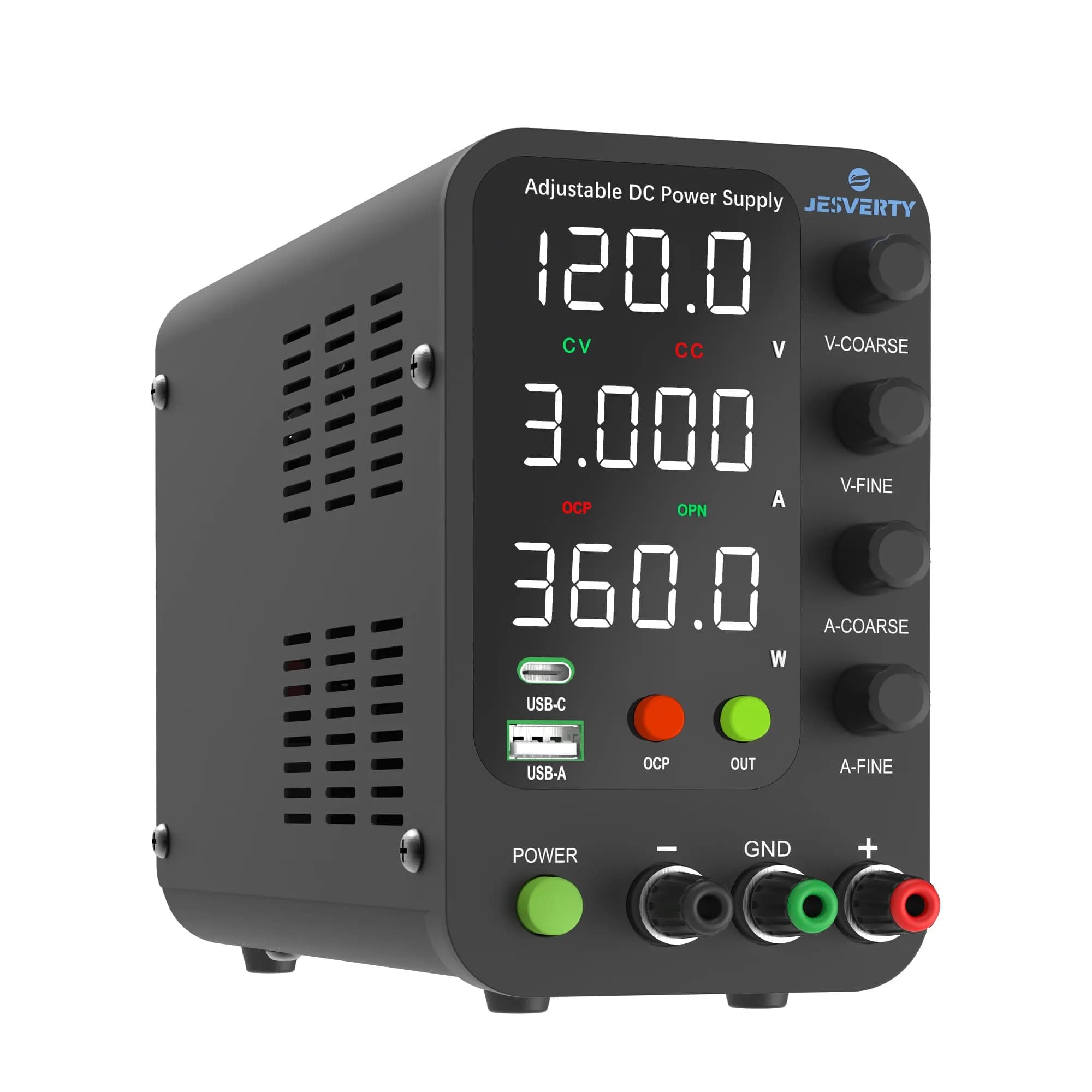 Jesverty SPS-12003V Variable DC Power Supply 0-120V 0-3A | 20W USB-C Quick-Charge, Encoder Knob, 4-Digit LED Display