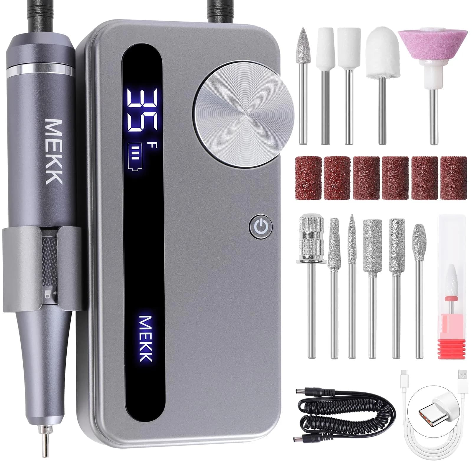 MEKK Professional Nail Drill 35000RPM with LCD Display & 12 Bits | Cordless E-File for Acrylic Gel Nails — D-silver