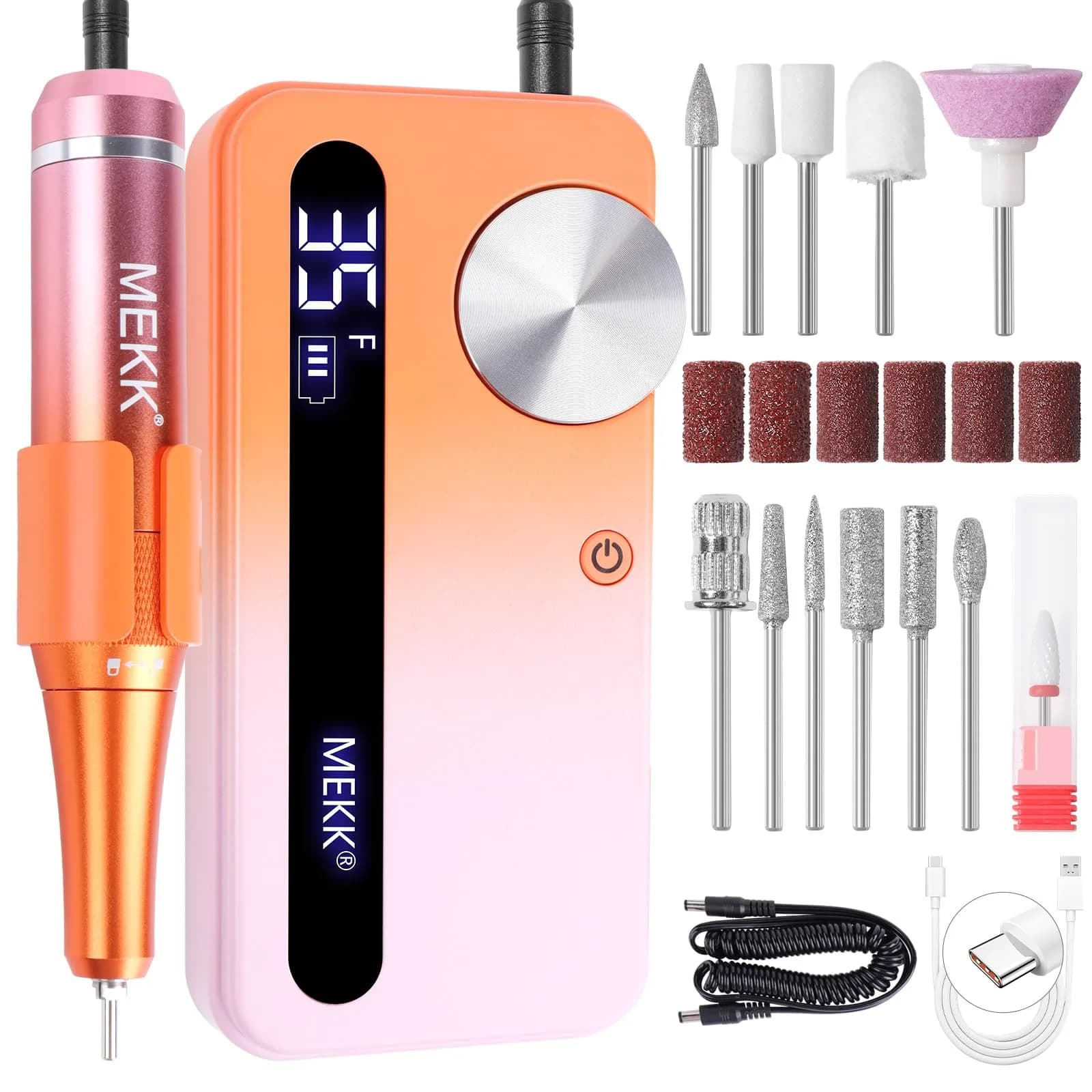 MEKK Professional Nail Drill 35000RPM Cordless E-File | 17.7cm (6.97in) Orange-Pink