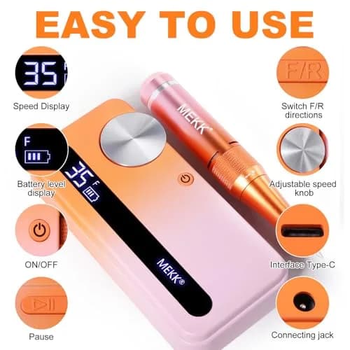 MEKK Professional Nail Drill 35000RPM Cordless E-File | 17.7cm (6.97in) Orange-Pink thumbnail 5