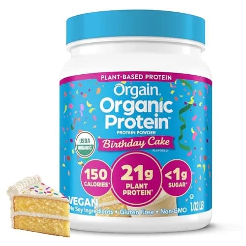 Orgain Birthday Cake protein powder tub Plant 10 servings