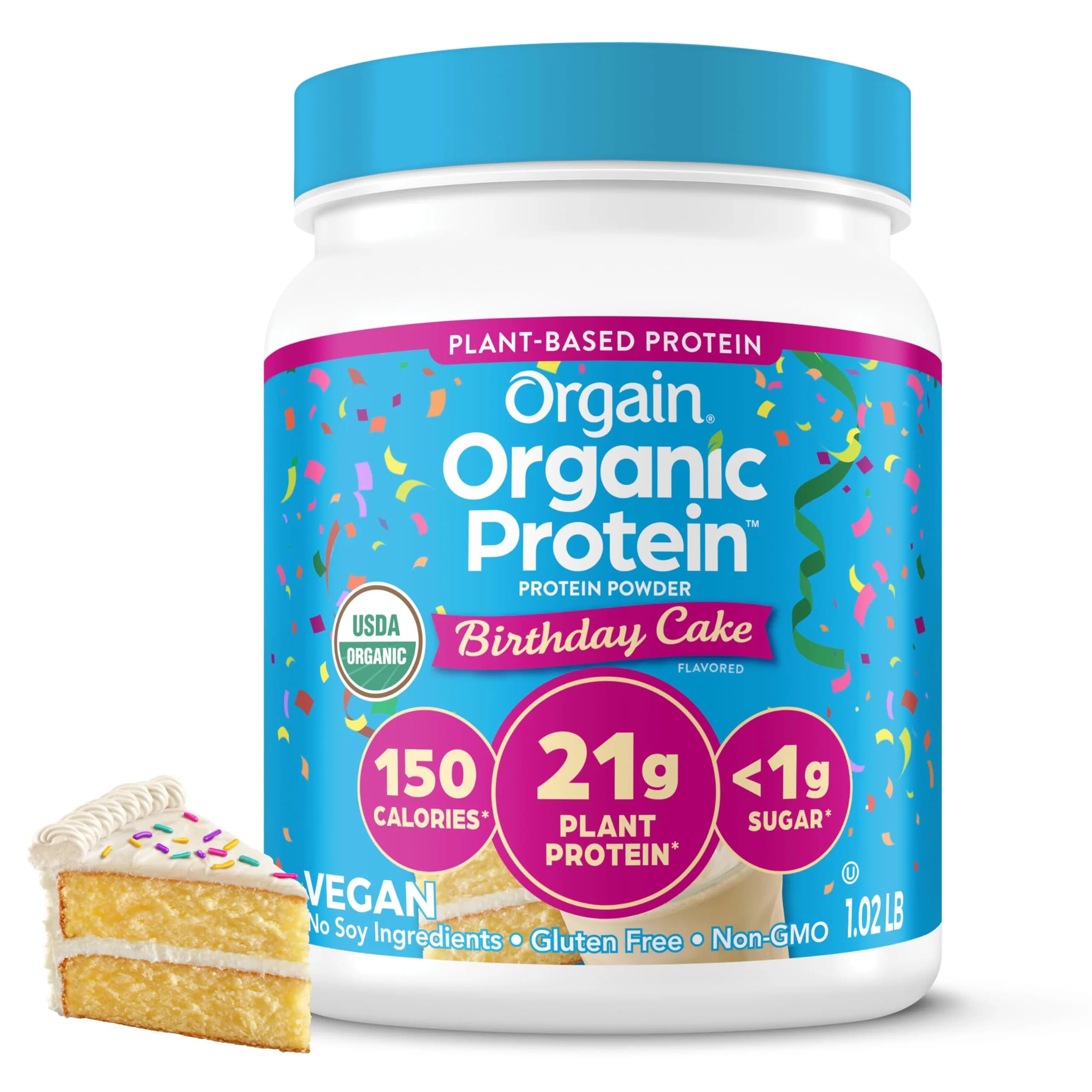 Orgain Organic Vegan 21g Protein Powder Birthday Cake 463g (1.02 lb) | Plant-Based Protein for Smoothies & Baking