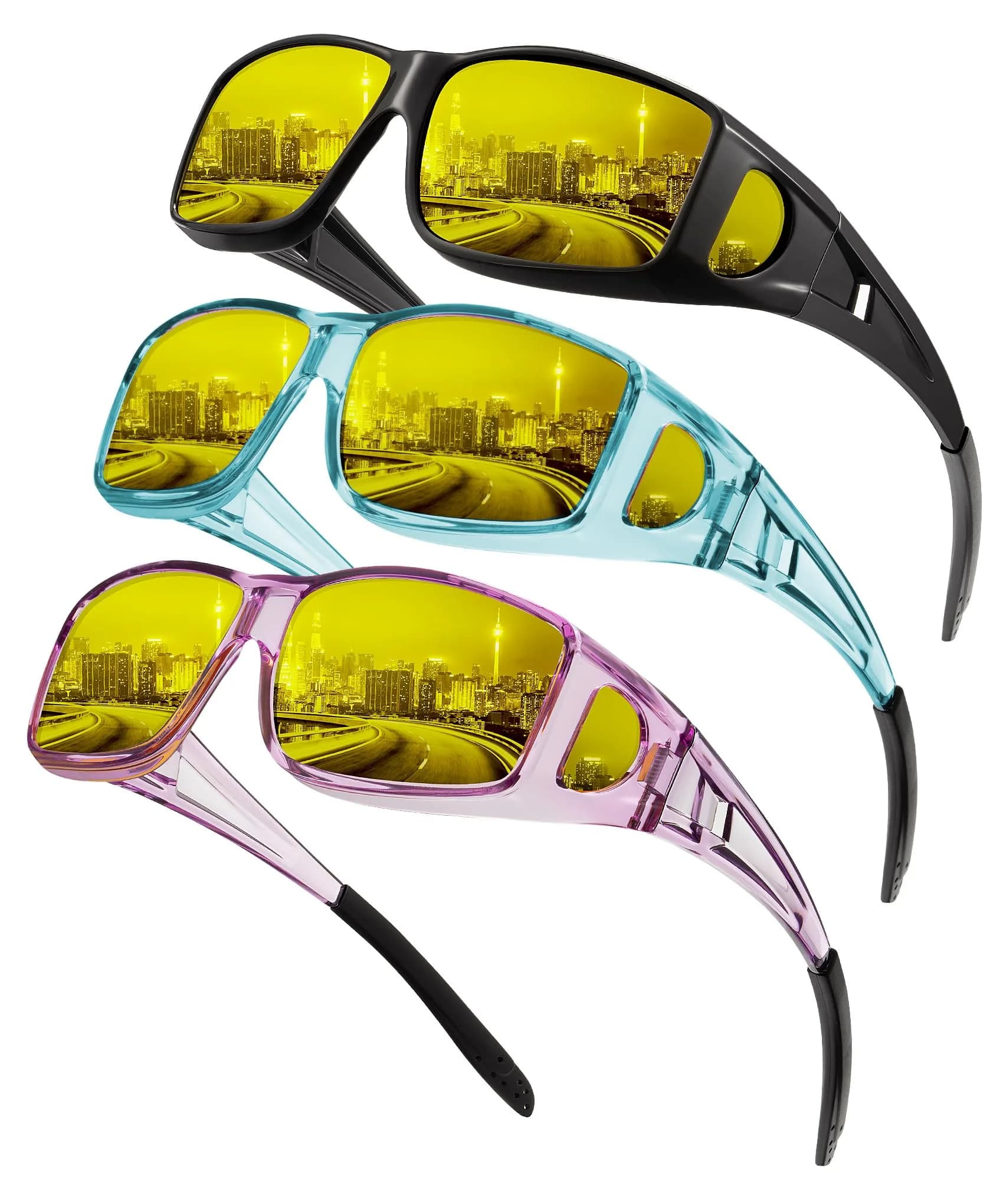 KALIYADI Night Vision Glasses Fit Over Glasses Wrap-Around HD Polarized for Driving (3-Pack, Medium) - main product image