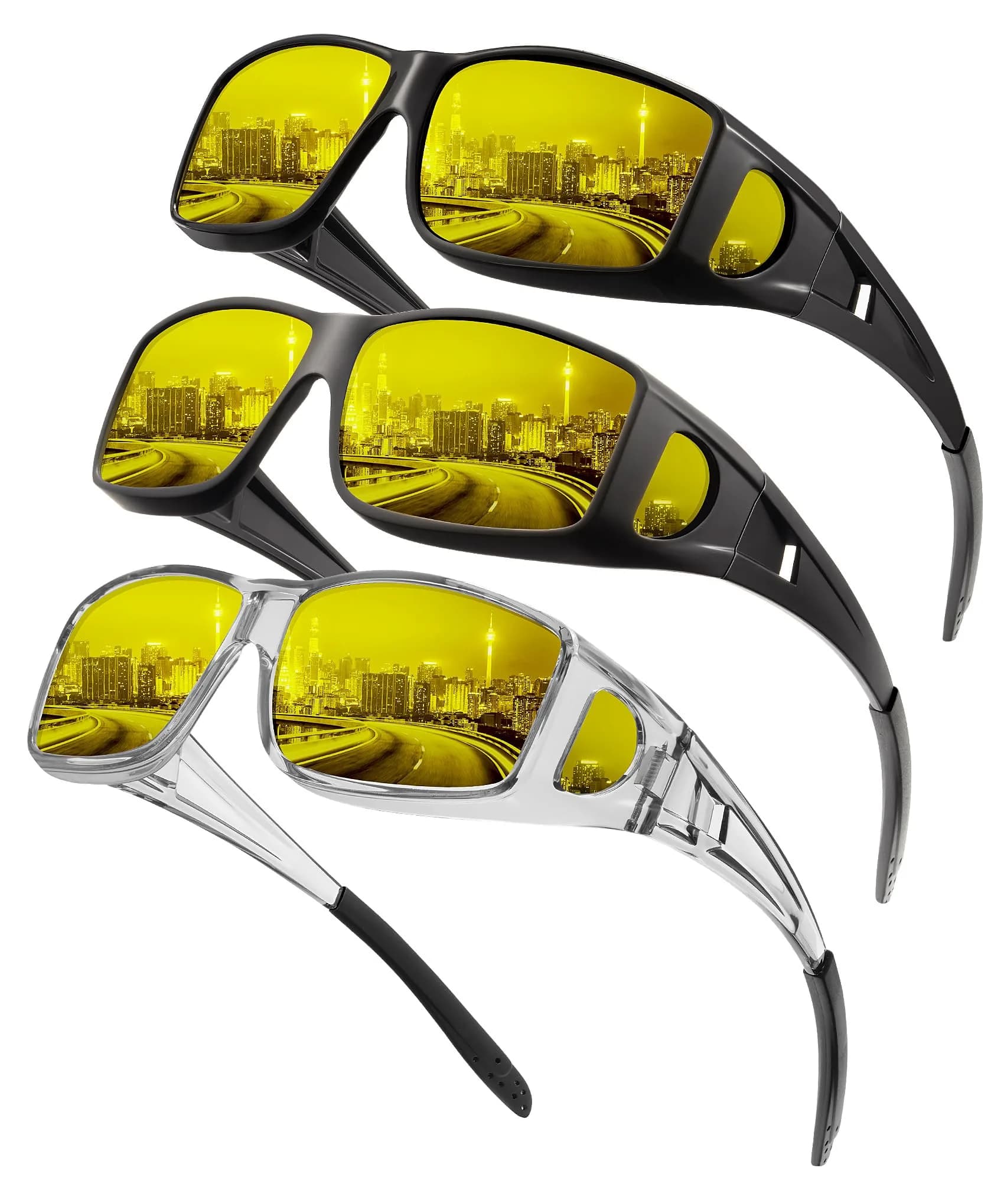 KALIYADI Night Vision Glasses Fit Over Glasses Wrap-Around HD Polarized for Driving (3-Pack, Medium) — Medium