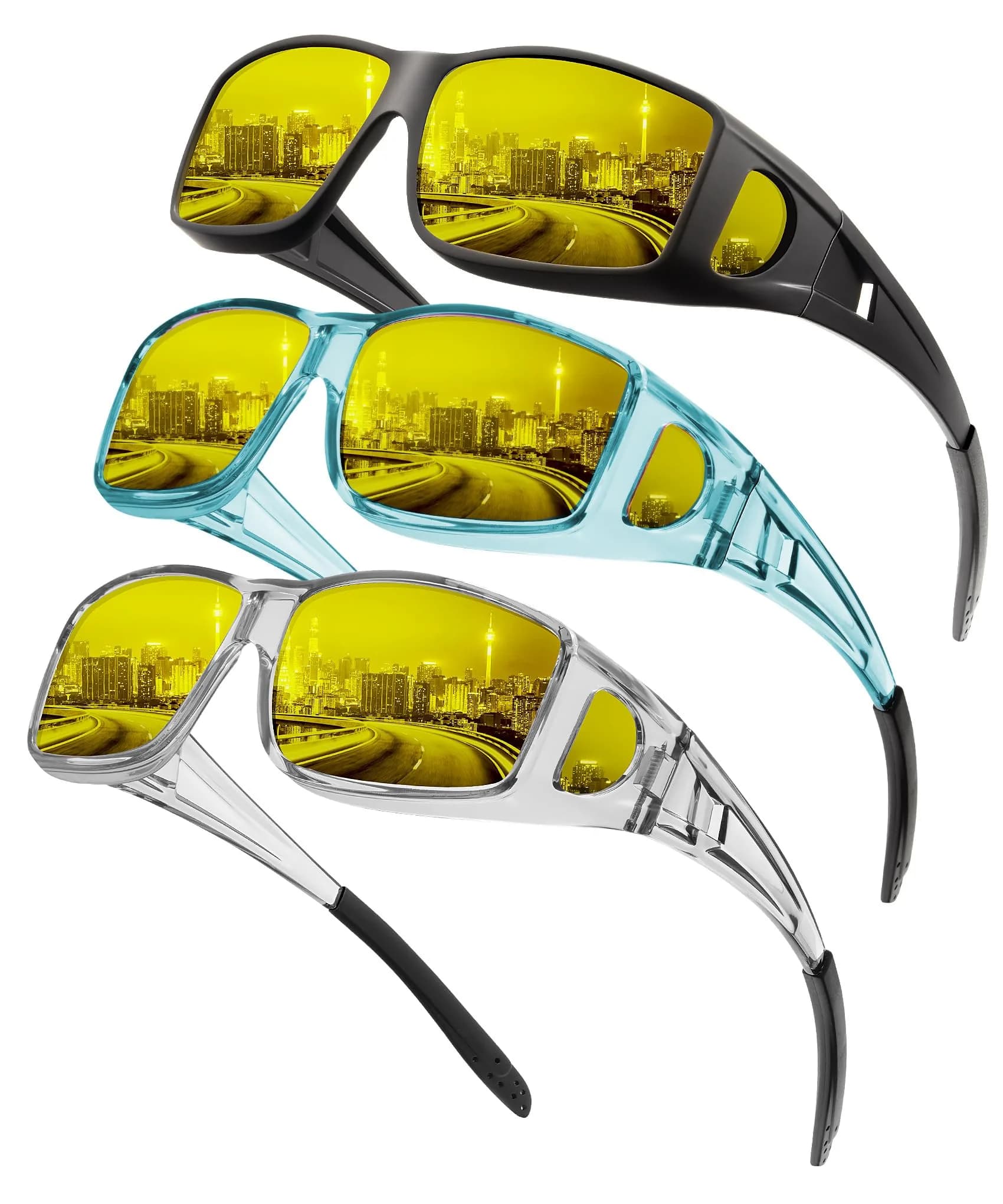 KALIYADI Night Vision Glasses Fit Over Glasses Wrap-Around HD Polarized for Driving (3-Pack, Medium) — Transparent Grey/Night Vision + Matte Black/Night Vision + Transparent Blue/Night Vision