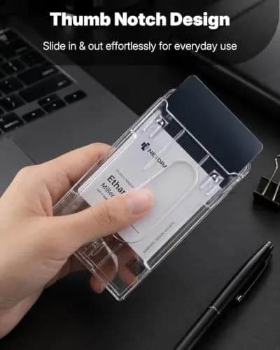 Pawfly 50 Pack Vertical 2-Card Badge Holder with Thumb Slot Hard Transparent PC Case Protector | Easy Access for Office School IDs thumbnail 7