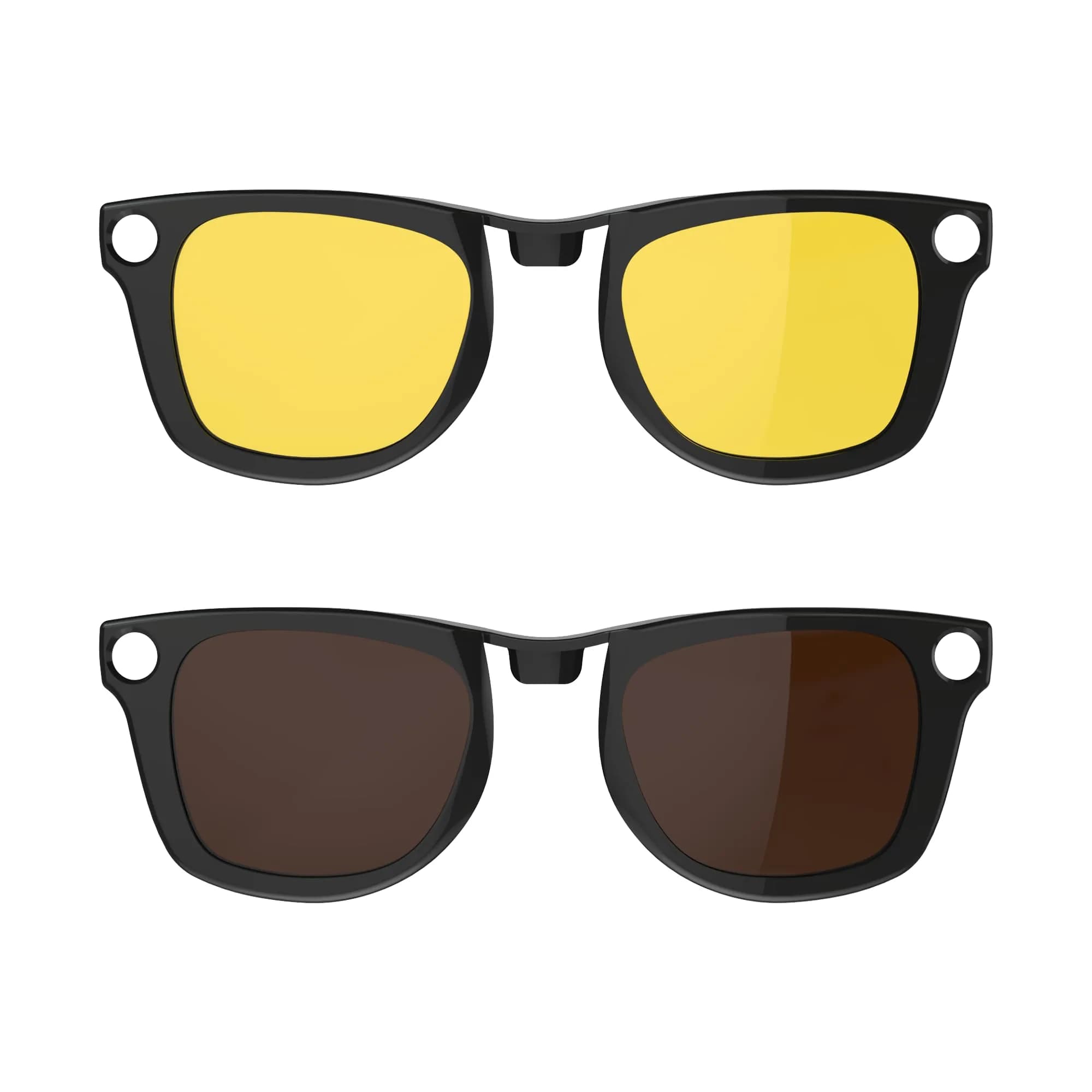 HIBLOKS Polarized Clip-on Sunglasses for Ray-Ban Meta Wayfarer RW4006/RW4012 (50-22) — Yellow+Brown Lenses, Shiny Black Frame, 2-Pack