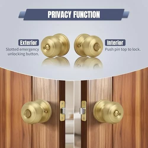 Moquin Privacy Door Knob with Lock, Keyless Interior Flat Ball Door Knob, Satin Brass (1 Pack) thumbnail 4