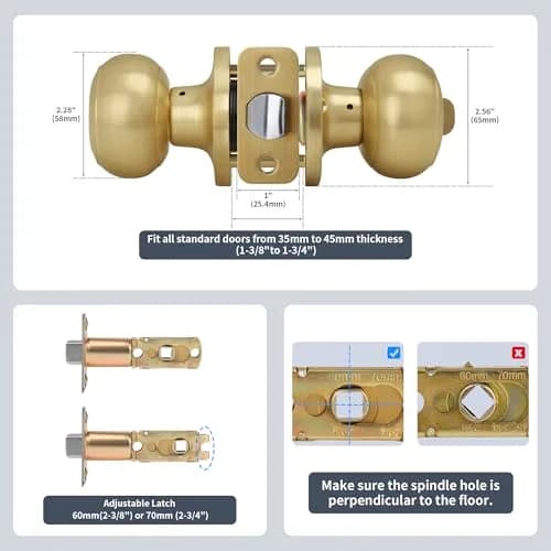 Moquin Privacy Door Knob with Lock, Keyless Interior Flat Ball Door Knob, Satin Brass (1 Pack) thumbnail 7