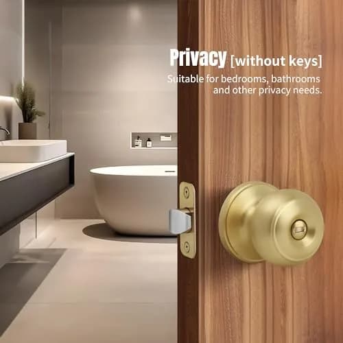 Moquin Privacy Door Knob with Lock, Keyless Interior Flat Ball Door Knob, Satin Brass (1 Pack) thumbnail 3