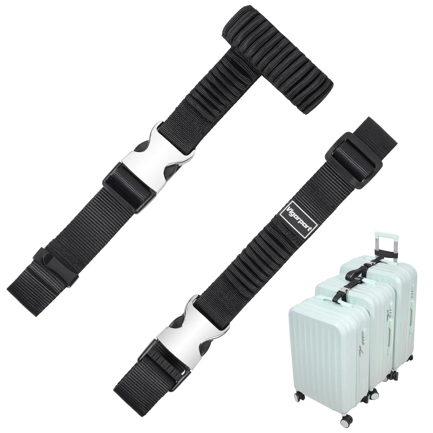 Vigorport Luggage Straps, Metal Buckle & Stretchy Nylon Connector Set (2-Pack, Black) | Securely Connect Luggage for Easier Travel — Black / Large