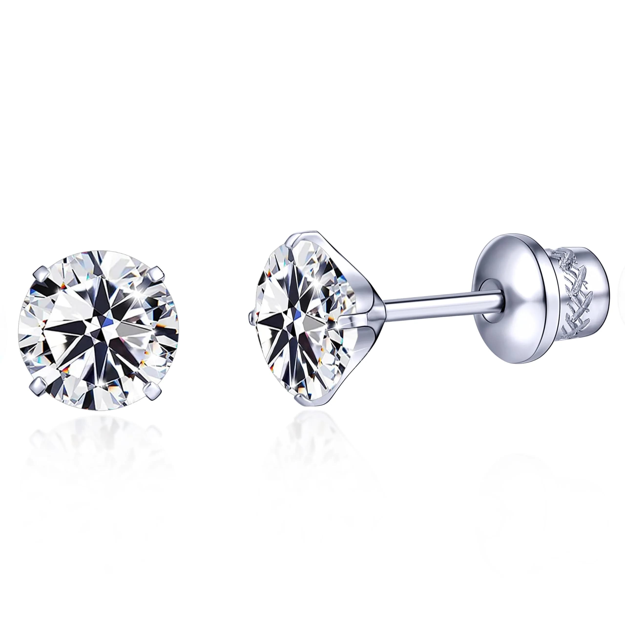 TitanHeart Hypoallergenic Titanium CZ Screw Back Studs Earrings 6mm (0.24 Inch) | Secure & Allergy-Free for Sensitive Ears — White CZ