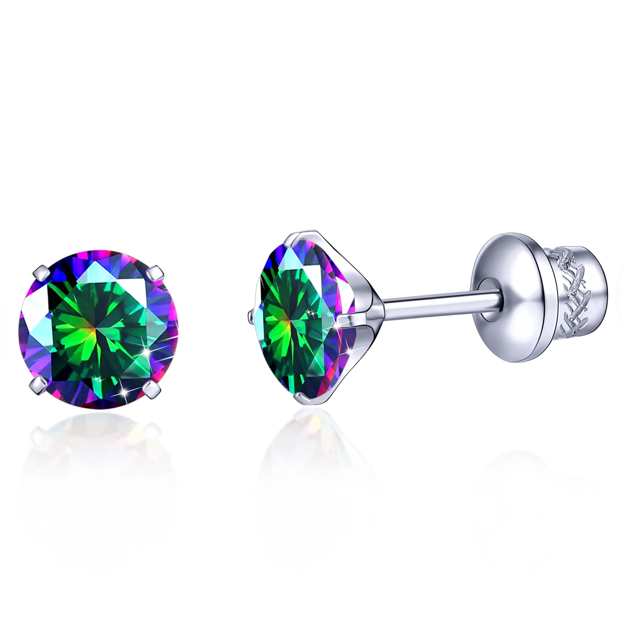 TitanHeart Hypoallergenic Titanium CZ Screw Back Studs Earrings 6mm (0.24 Inch) | Secure & Allergy-Free for Sensitive Ears — Rainbow