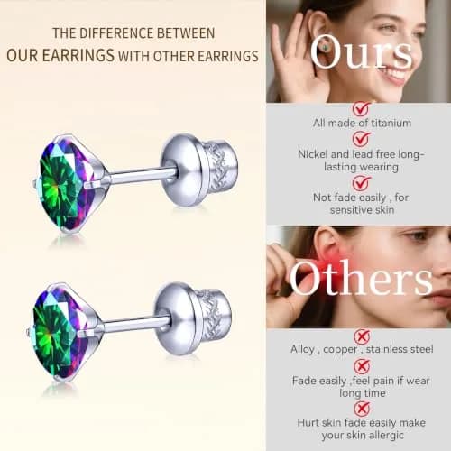 TitanHeart Hypoallergenic Titanium CZ Screw Back Studs Earrings for Women Men | 6mm Rainbow CZ, Anti-Allergy, Unisex thumbnail 4