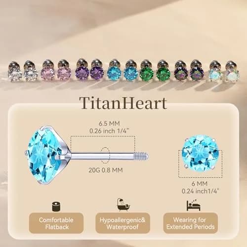 TitanHeart Hypoallergenic Titanium CZ Screw Back Studs Earrings 6mm (0.24 Inch) | Secure & Allergy-Free for Sensitive Ears thumbnail 6