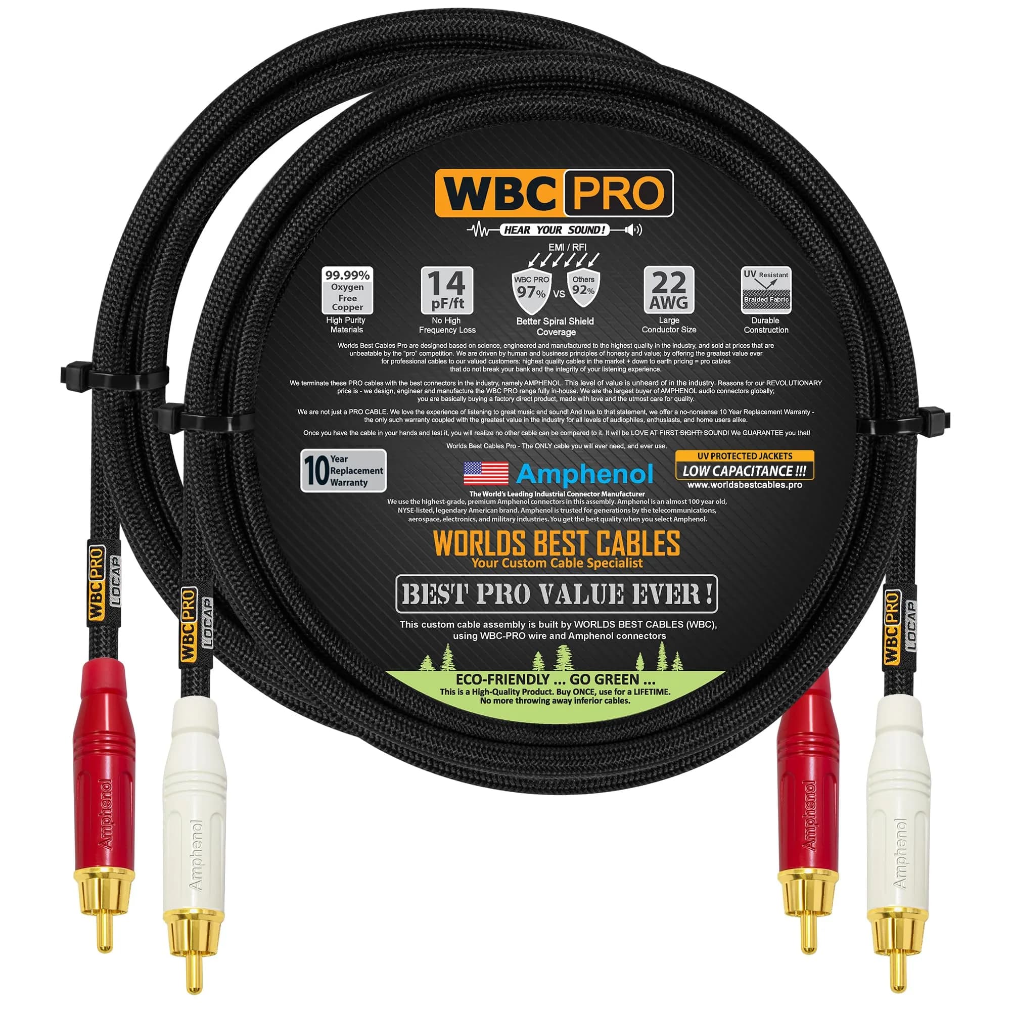 WORLDS BEST CABLES 2.5 Foot RCA Audio Cable Pair Low-Capacitance 14pF/ft | Audiophile & Pro-Grade - main product image