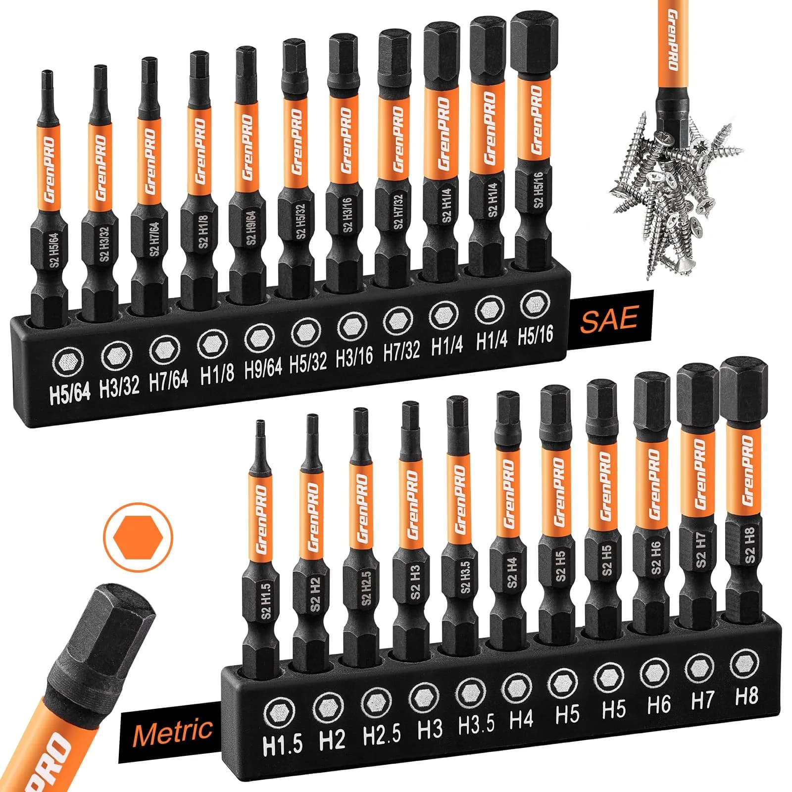 GRENPRO Allen Wrench Drill Bit Set, 22PCS 4-Inch Metric & SAE Impact Bits | 1/4" Hex Shank for Impact Drivers — 2" 22pcs(Metric&SAE)