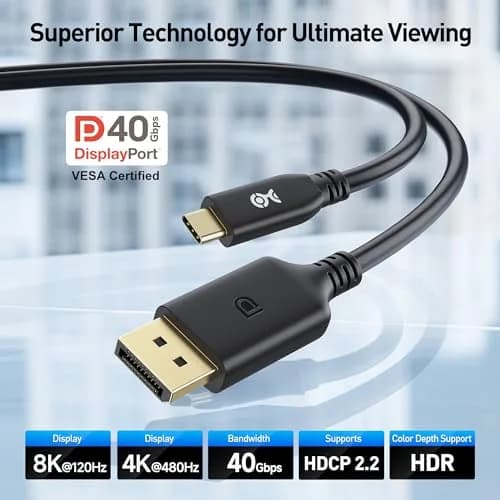 Cable Matters USB C to DisplayPort 2.1 Cable 3.3ft | 8K@120Hz, 40Gbps, VESA Certified, Unidirectional thumbnail 2
