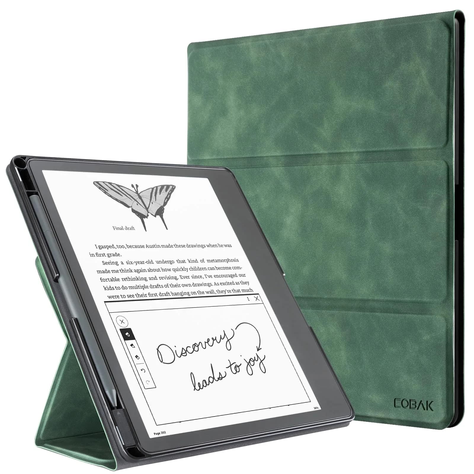 CoBak Sage Green Stand Case for Kindle Scribe 10.2 Inch (25.9 cm) | Premium Folio Leather Cover with Pen Holder & Auto Sleep/Wake — Emerald