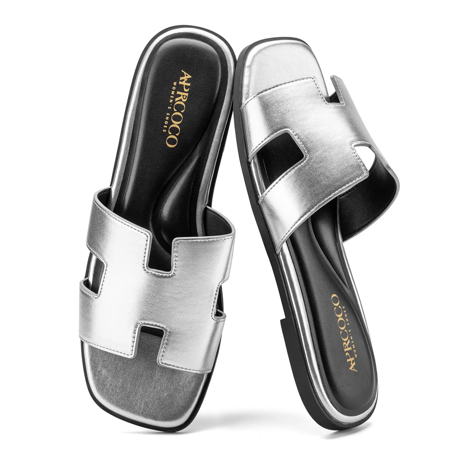AprCoco Women's Classic H-Band Flat Sandals Silver US 8.5 | Comfortable Memory Foam Insole