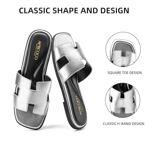 AprCoco Women's Classic H-Band Flat Sandals Silver US 8.5 | Comfortable Memory Foam Insole thumbnail 4