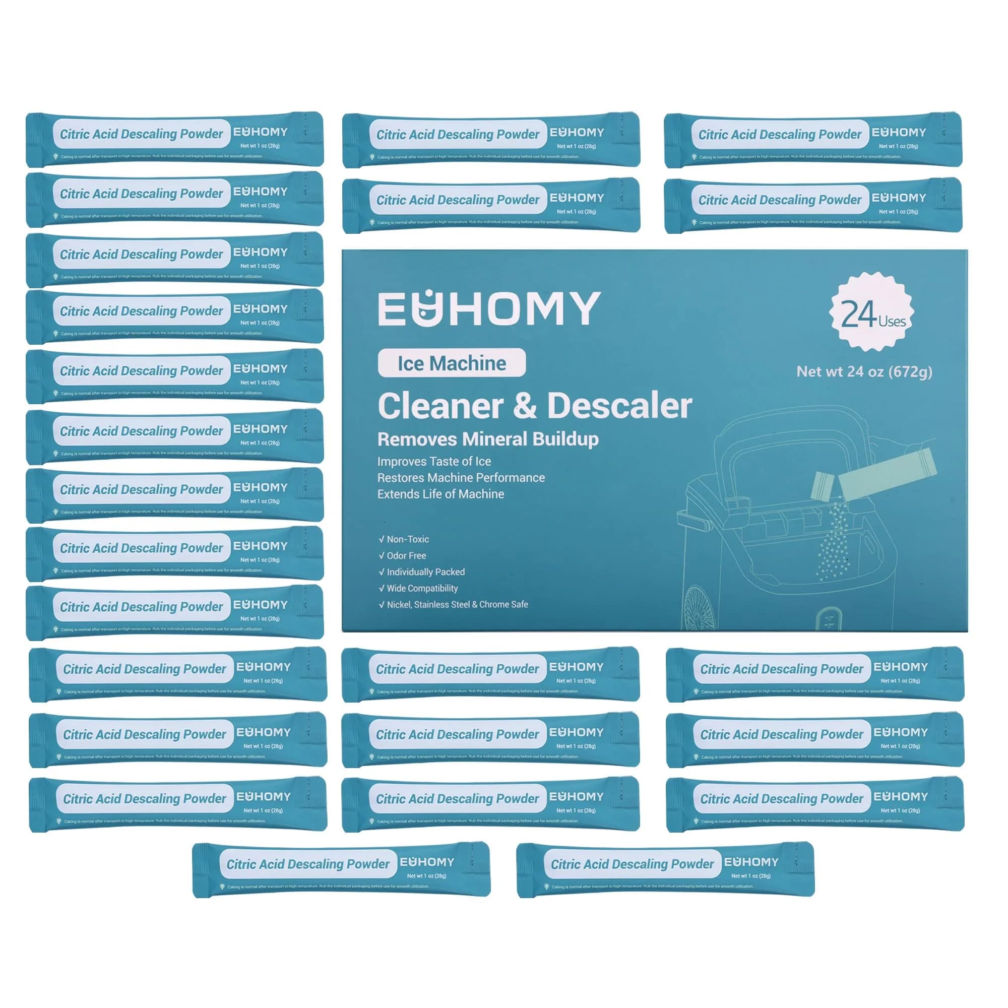 EUHOMY Ice Maker Cleaner & Descaler 4 Use (113g / 4 oz) | Organic Citric Acid Powder for All Brands — 24 Ounce