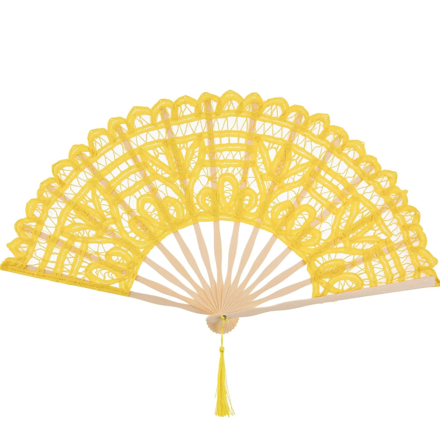 BABEYOND Cotton Lace Folding Hand Fan, Bamboo Wedding Dance Party Decor | Elegant, Handcrafted, Lightweight — yellow / One Size