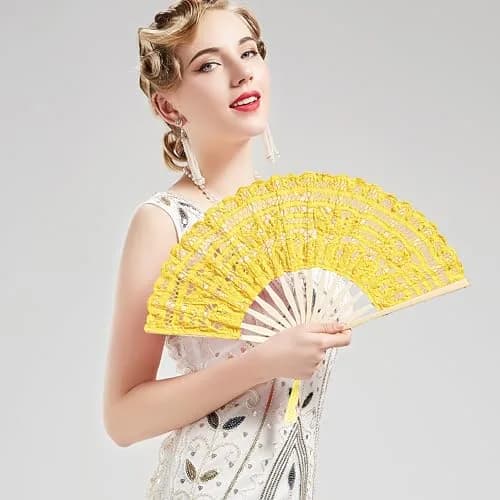 BABEYOND Cotton Lace Folding Hand Fan Bamboo Frame Yellow | Elegant Bridal Accessory for Weddings & Parties thumbnail 2