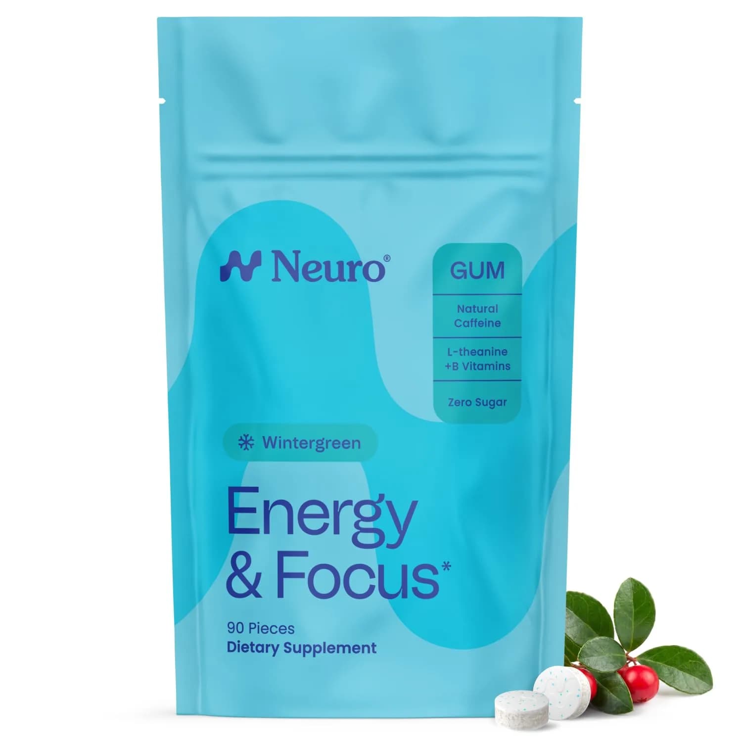 Neuro Energy & Focus Gum, Wintergreen, 90 Count | Nootropic Supplement with Natural Caffeine & L-Theanine
