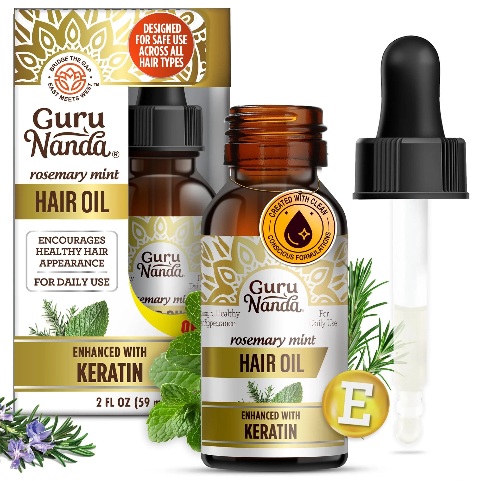 GuruNanda Rosemary Mint Hair Growth Oil 60ml (2 Fl Oz) | Stimulates Scalp for Stronger, Shinier Hair - main product image