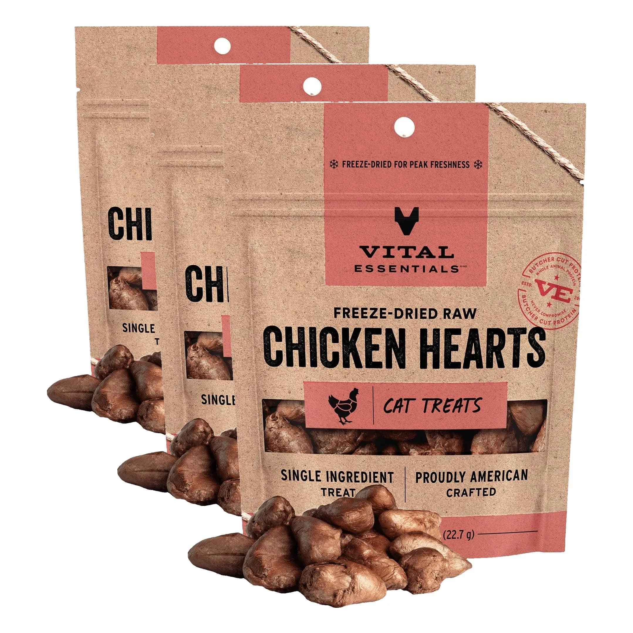 Vital Essentials Freeze-Dried Raw Chicken Hearts Cat Treats 2.4 oz (70g) | Single Ingredient Protein Boost - main product image