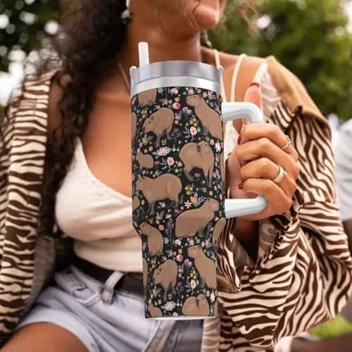 Vasietrng Capybara Tumbler 1183ml (40oz) | Cute Stainless Steel Vacuum Insulated Water Bottle with Handle, Lid & Straw for Girls, Teens, Women, Men thumbnail 8